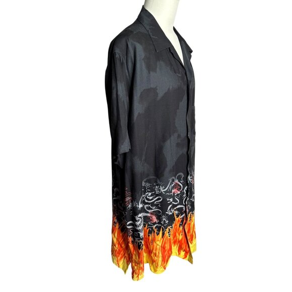 Vintage 90s Button Up Short Sleeve Club Shirt 2XLT Black Flames Dragon Pocket - Picture 6 of 7